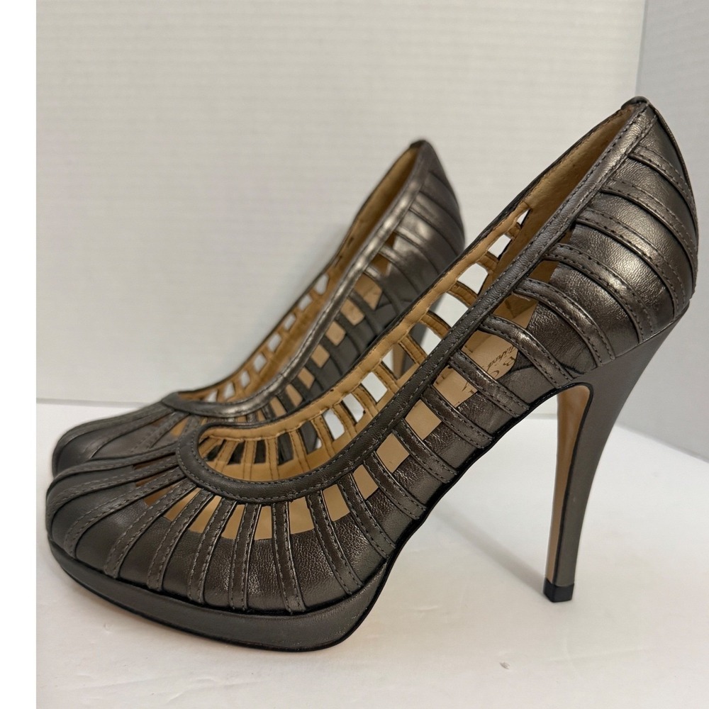 Talbots Gunmetal Metallic Leather Cage Cutout Platform Stiletto Heels 6.5‎ B